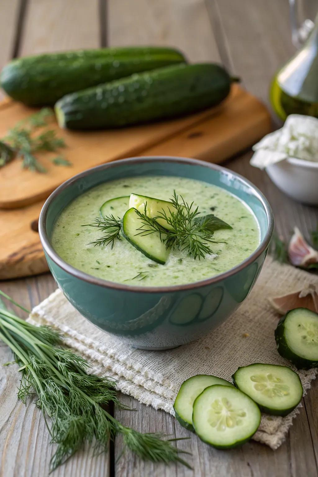 Chilled cucumber soup, a revitalizing summer delight.