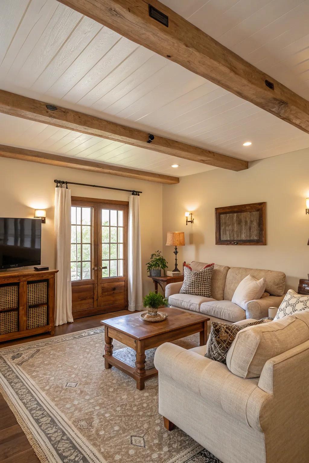 Subdued color schemes fashion a serene atmosphere in this farmhouse living room.