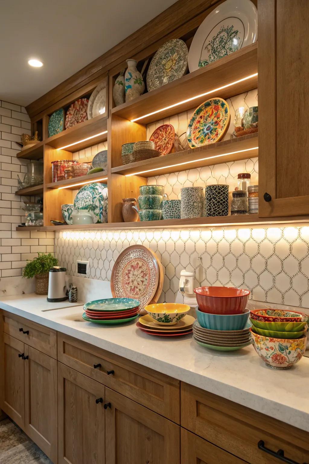 Ornamental shelving exhibiting curated pieces.