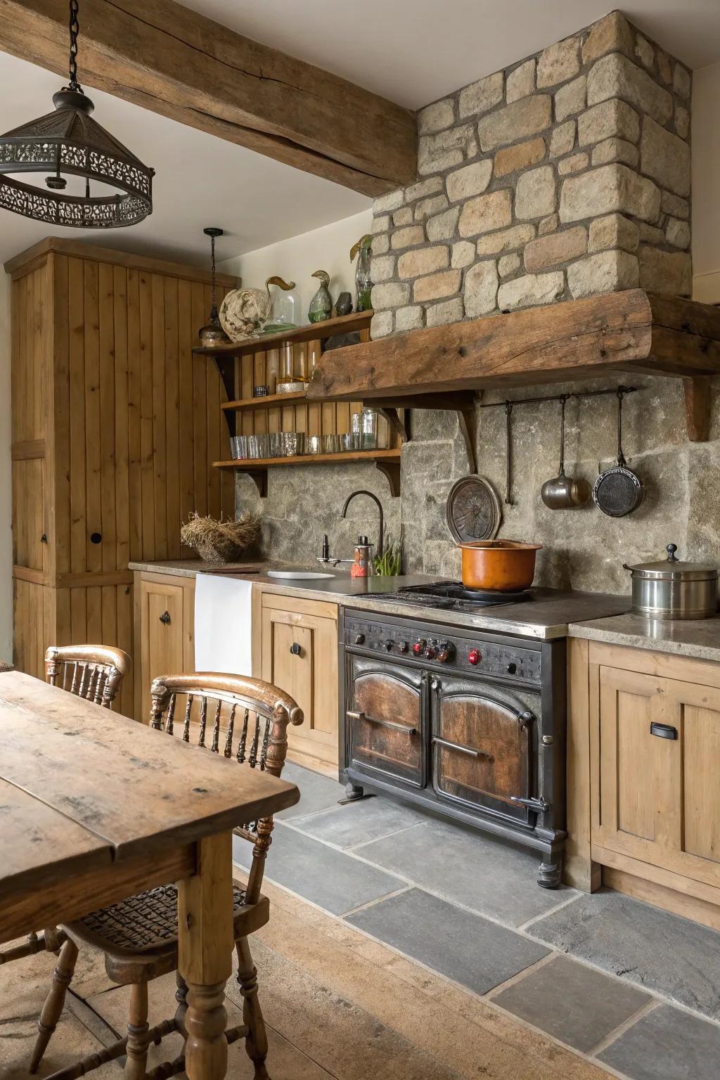 A farmhouse kitchen showcasing a mixture of lumber, stone, and metal features.