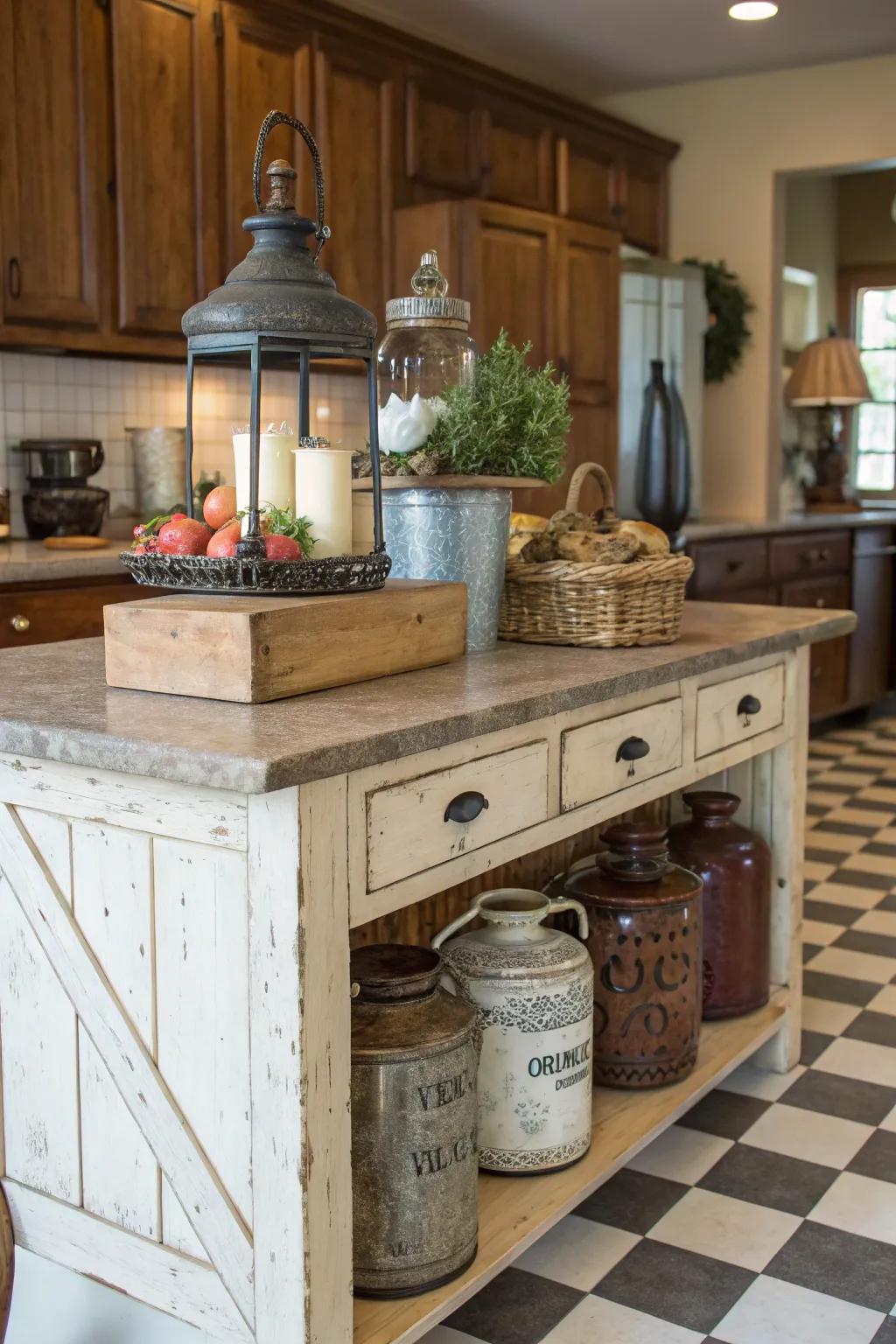 Vintage accents add ageless sophistication and an inviting vibe to the country cooking space.