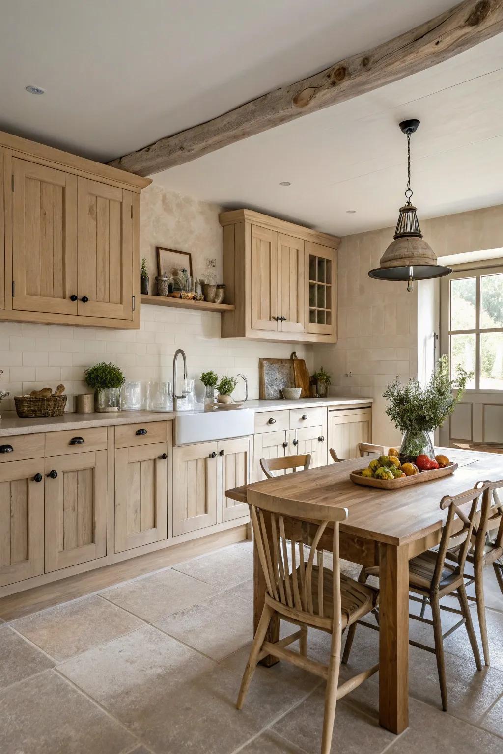 Neutral colors complement the warmth of light wood cabinets in a farmhouse kitchen.