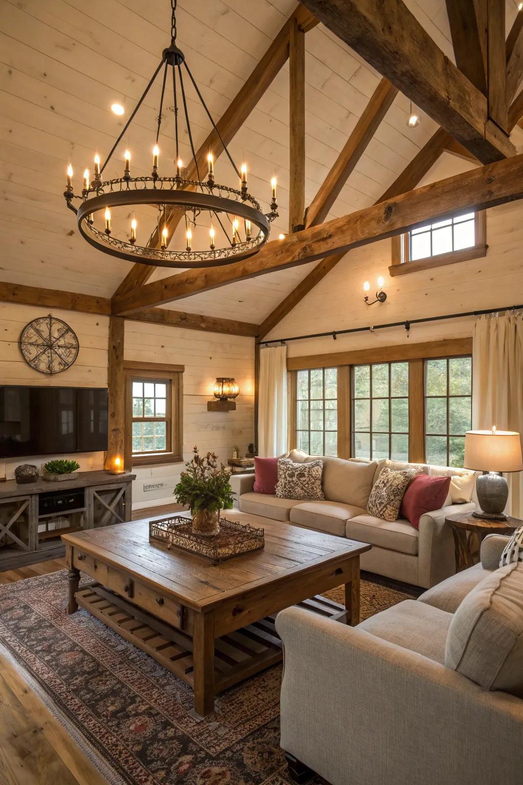 A country house lighting fixture contributes elegance and cohesion to this family room.