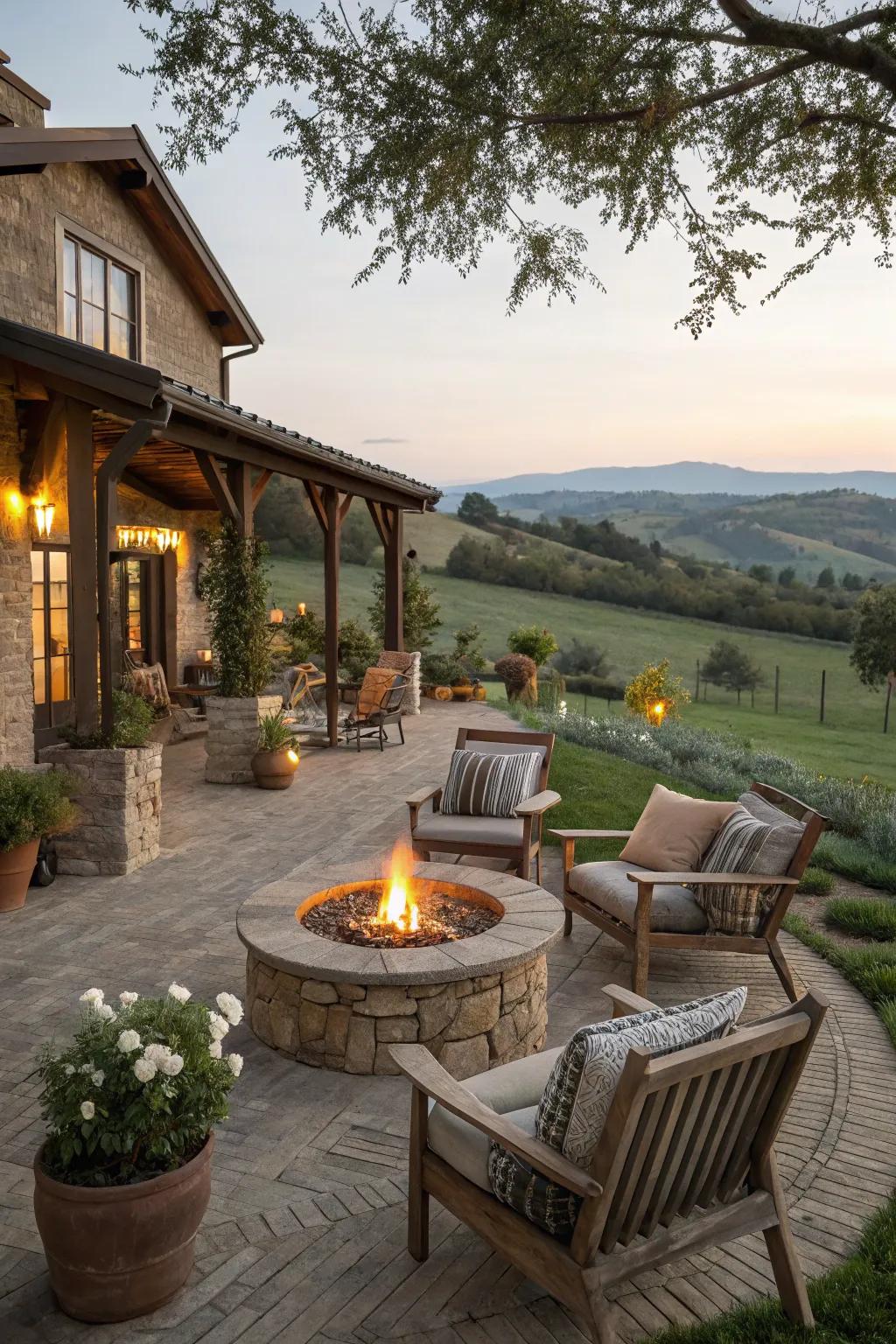 A fire pit brings warmth and a hangout spot to a farmhouse patio.