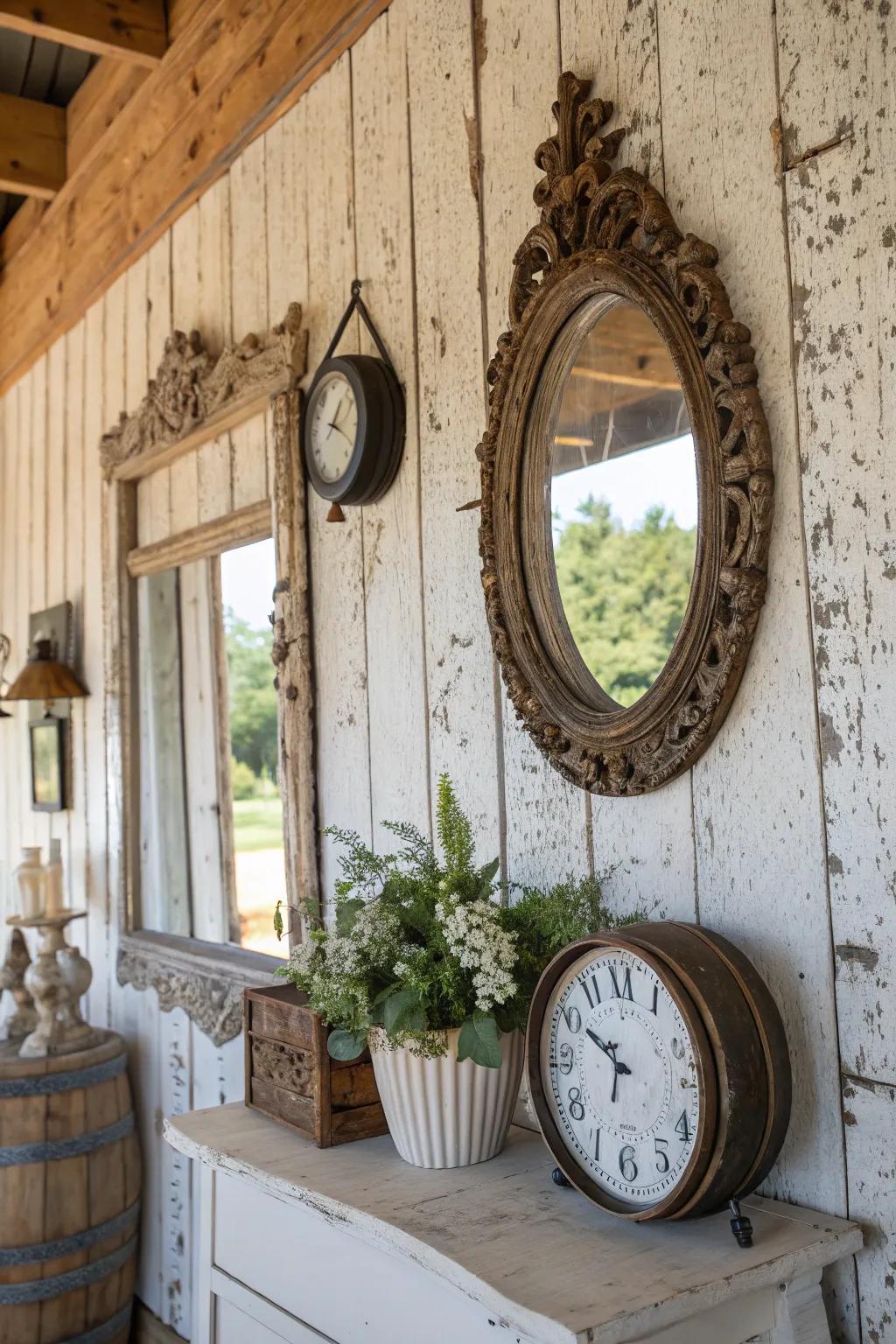 Old-fashioned pieces adding a historical element to farmhouse walls.