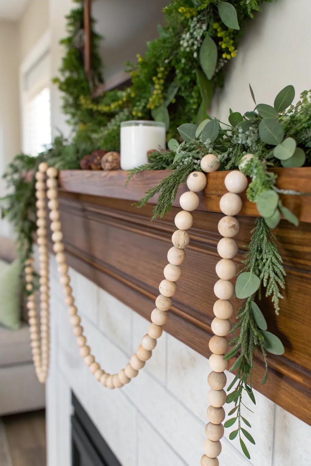 Wood bead garland paired with fresh greenery.