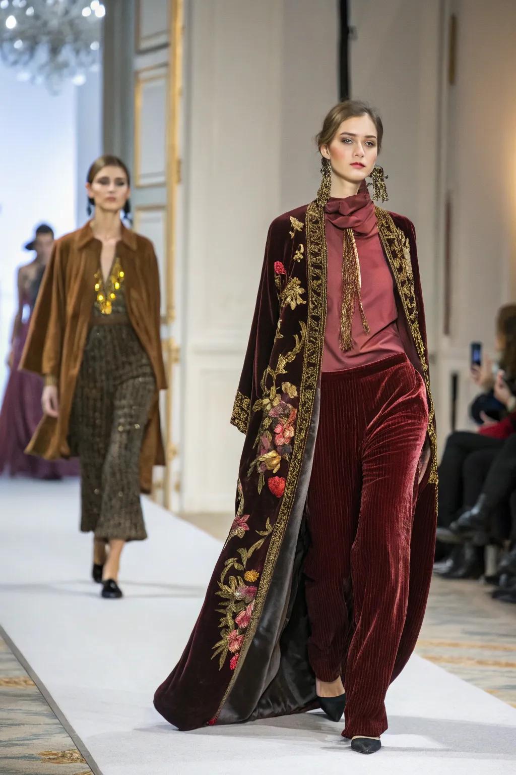 Lush textiles like velvet and silk enhance the runway's elegance.