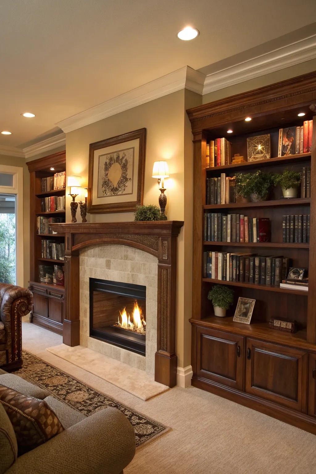 An imitation fireplace cleverly combined with fitted shelves.