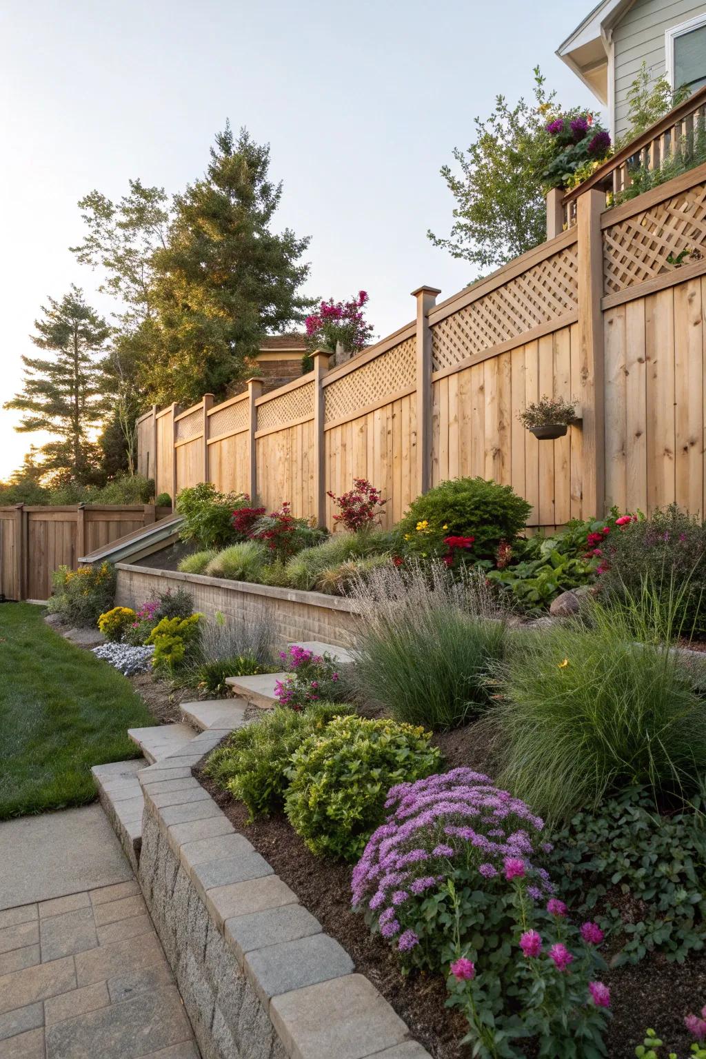 Tiered planting enriches your fence perimeter with dimension and visual interest.