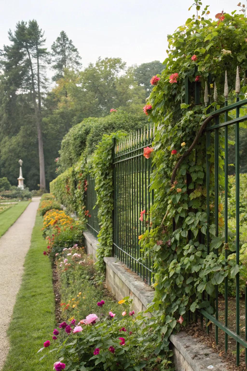 Climbing plants transform a simple fence into a stunning green background.