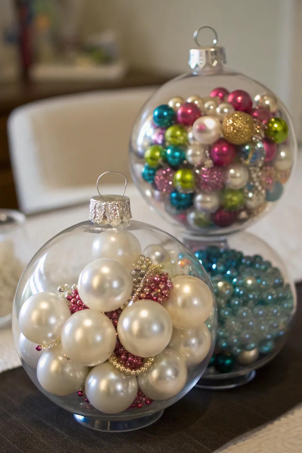 Ornaments brimming with vibrant beads for producing a shimmering effect.