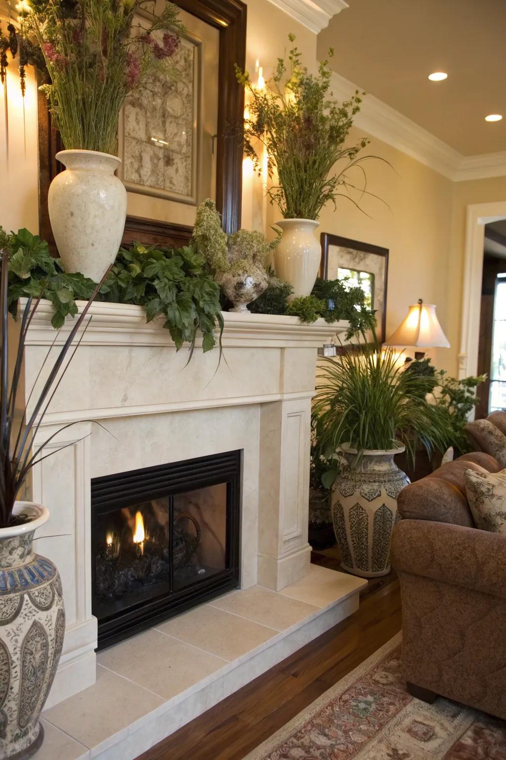 A fireplace mantel beautifully adorned with vases and greenery.