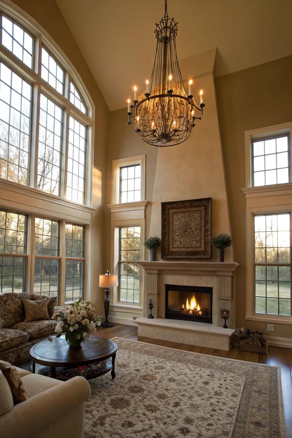 An elegant chandelier adds a hint of luxury to this room, centered around the fireplace.