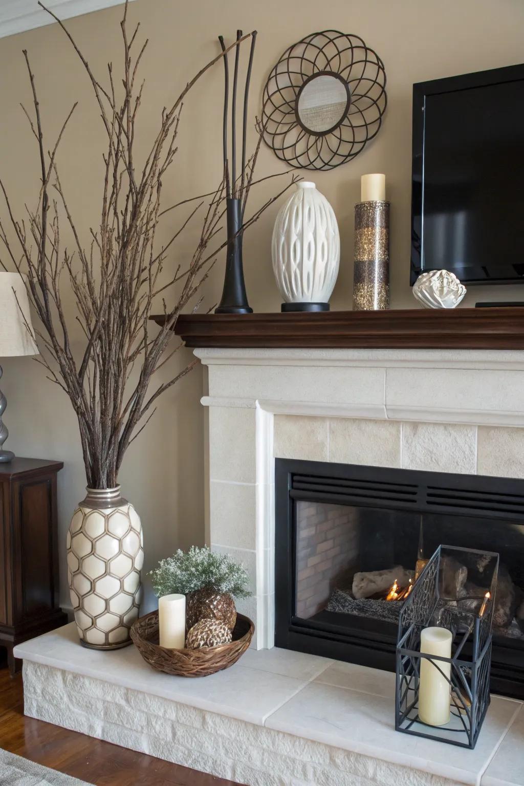 A fireplace setup with asymmetrical style adds a modern, dynamic touch.