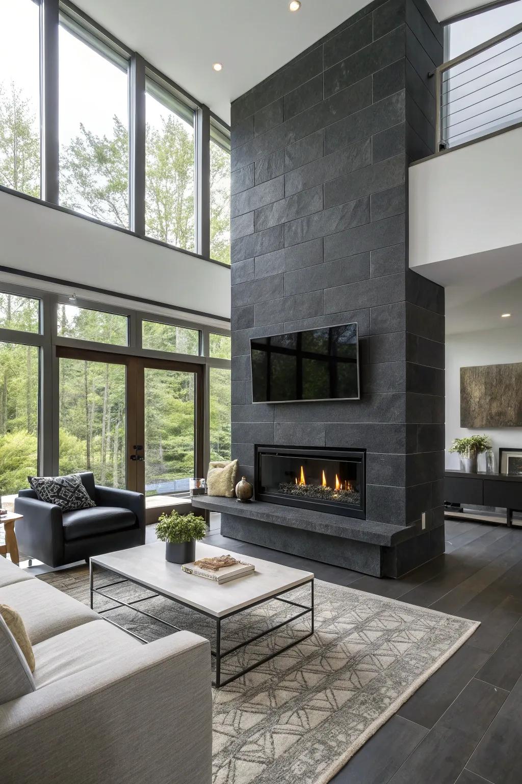 Dark slate tiles introduce drama and modernity to this sleek fireplace.