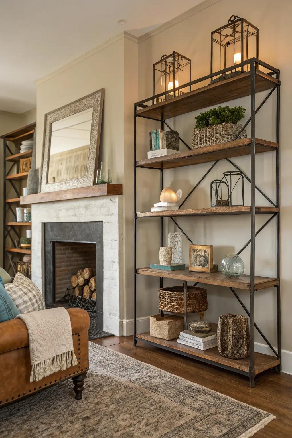 A varied blend of materials on shelves for a dynamic look.