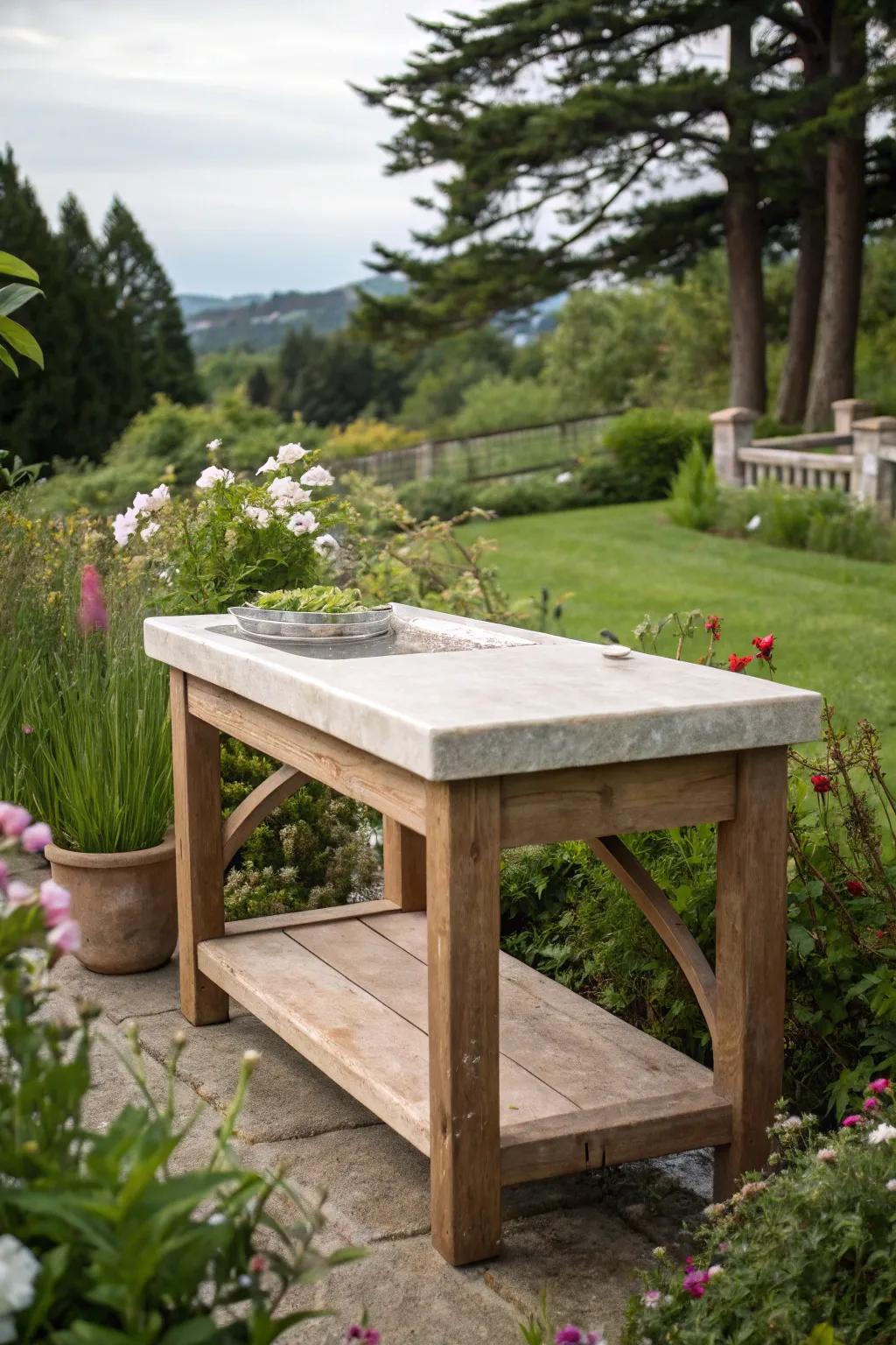 A distinctive stone top creates a useful and beautiful workspace.
