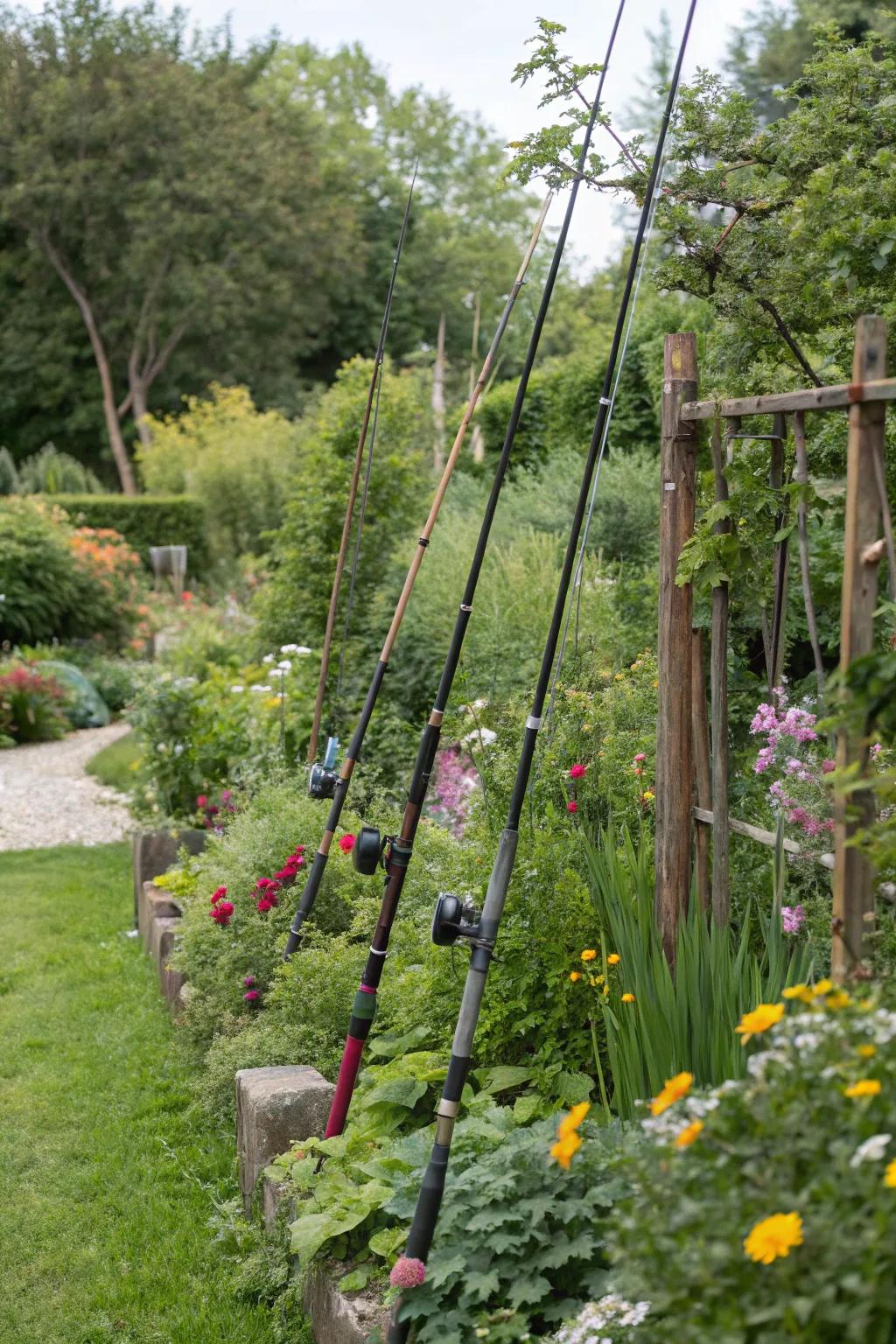 Angling poles add character and support in garden environments.