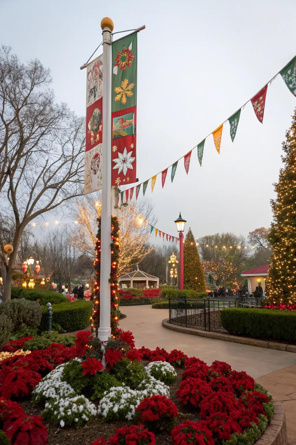 Holiday decor adds a contemporary and joyful touch to flagpoles.