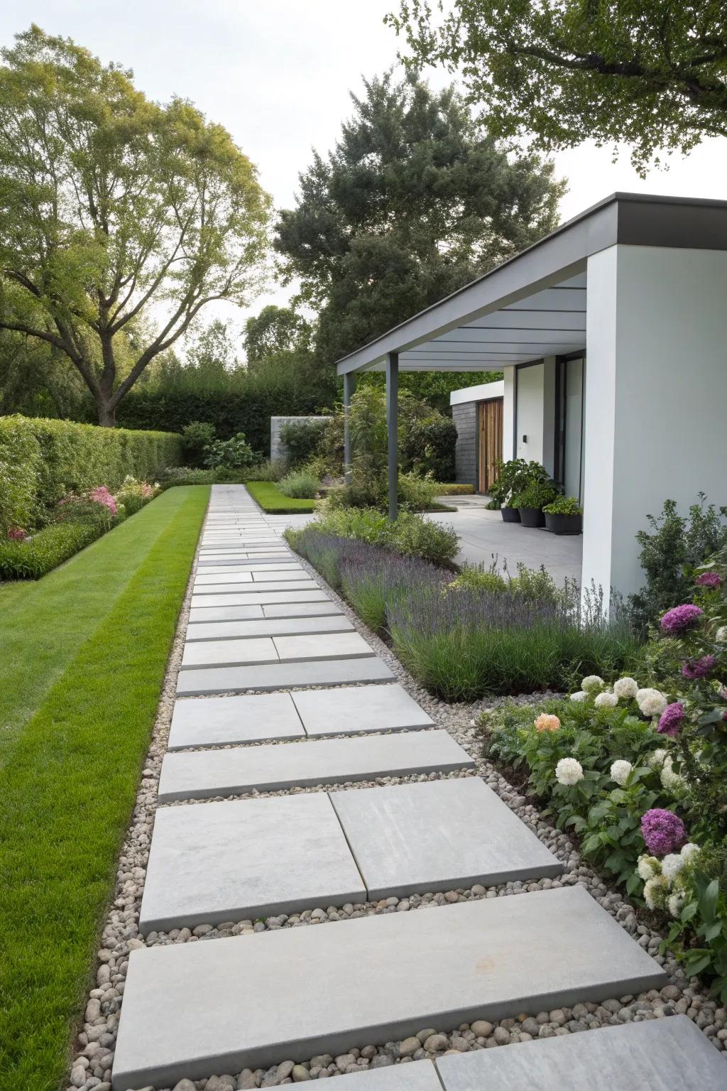 A modern sandstone pathway featuring crisp lines and minimalist allure.