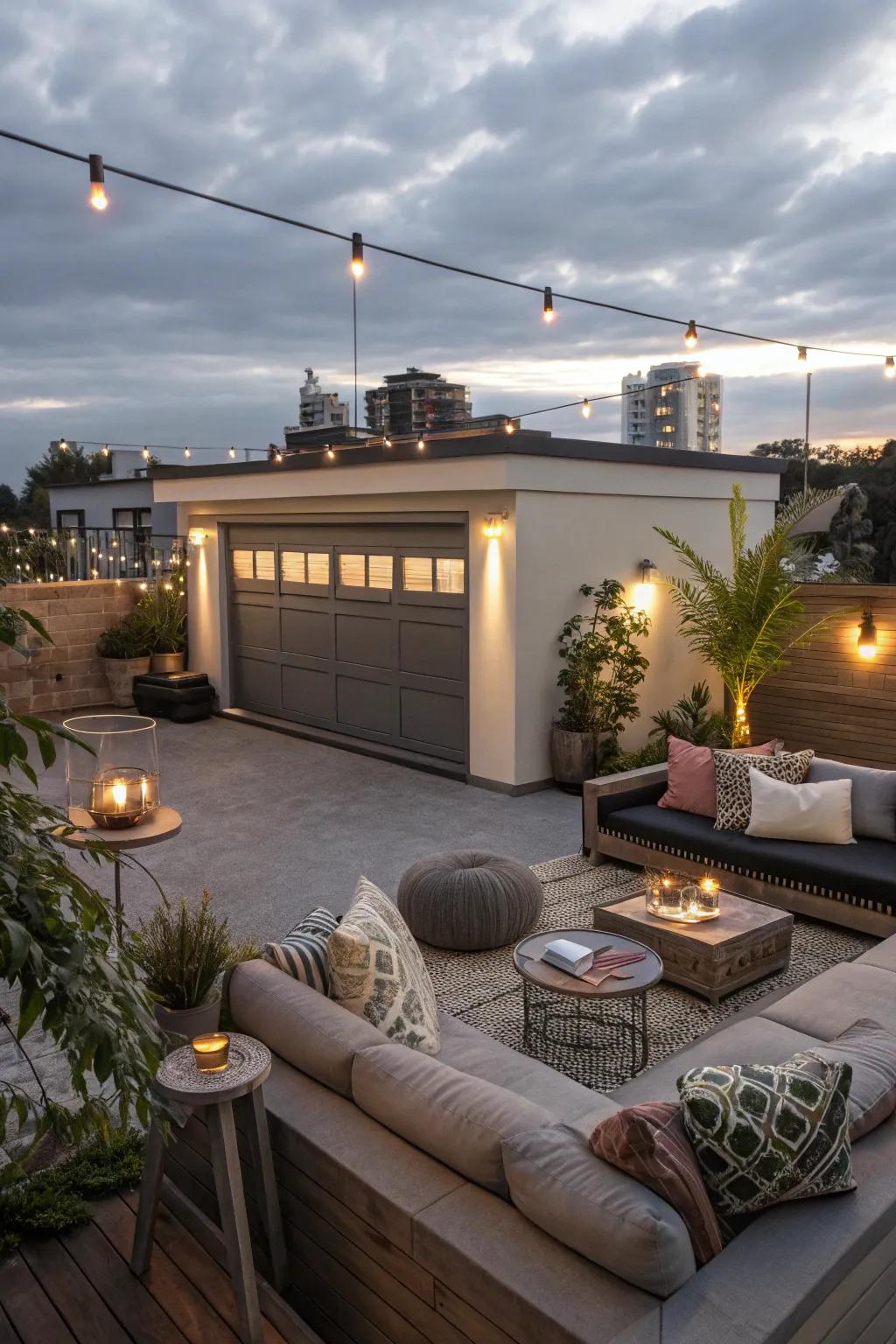 A sky veranda on a flat roof garage establishes a stunning area for rest.