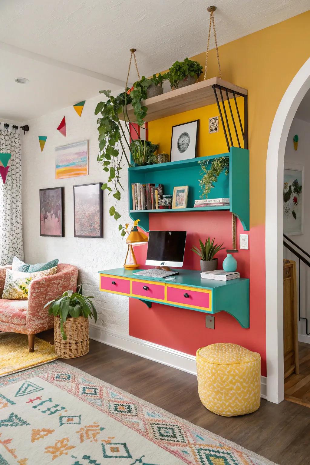 Brighten your space using a colorful floating desk.