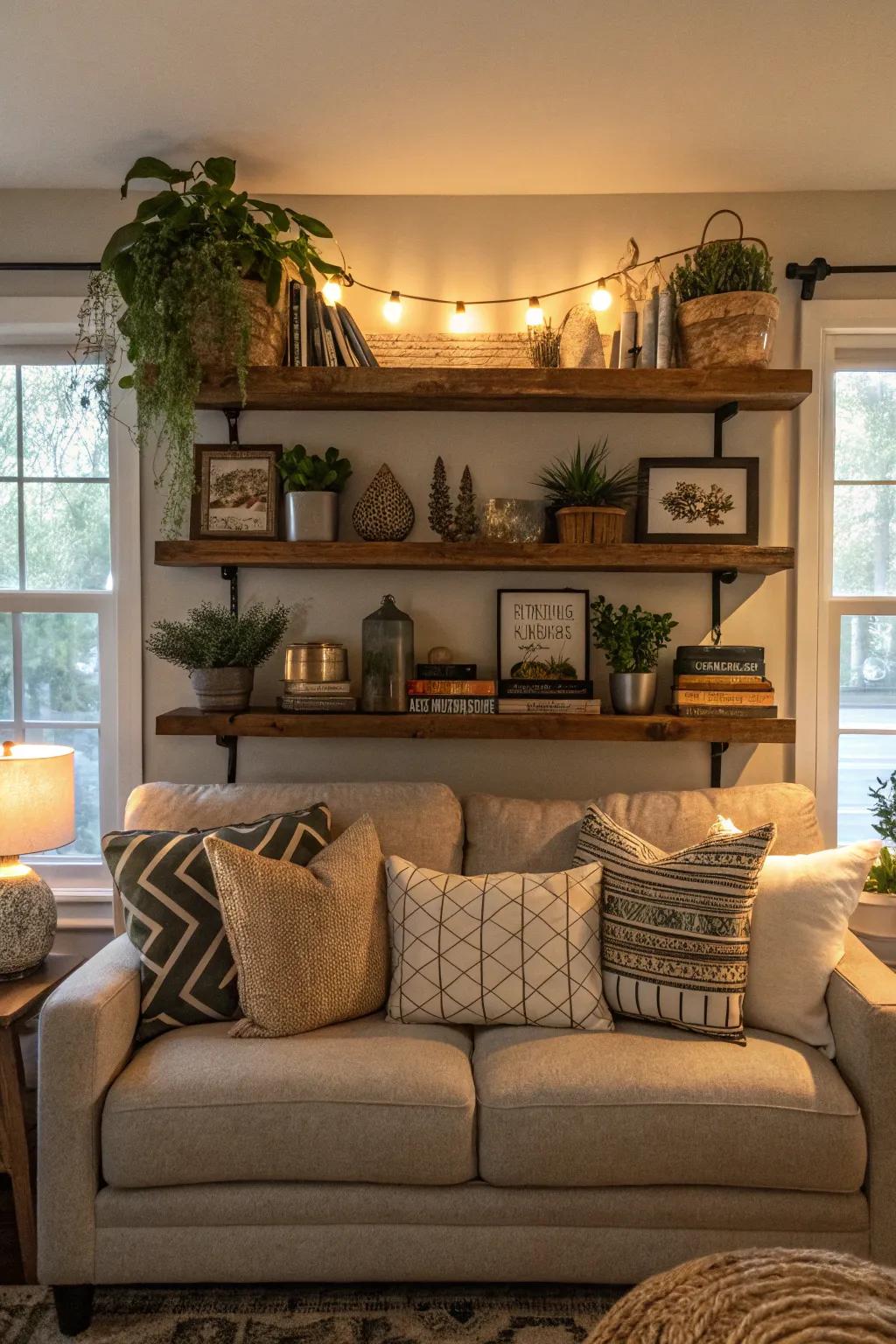 Layered decor adds dimension to your shelf.