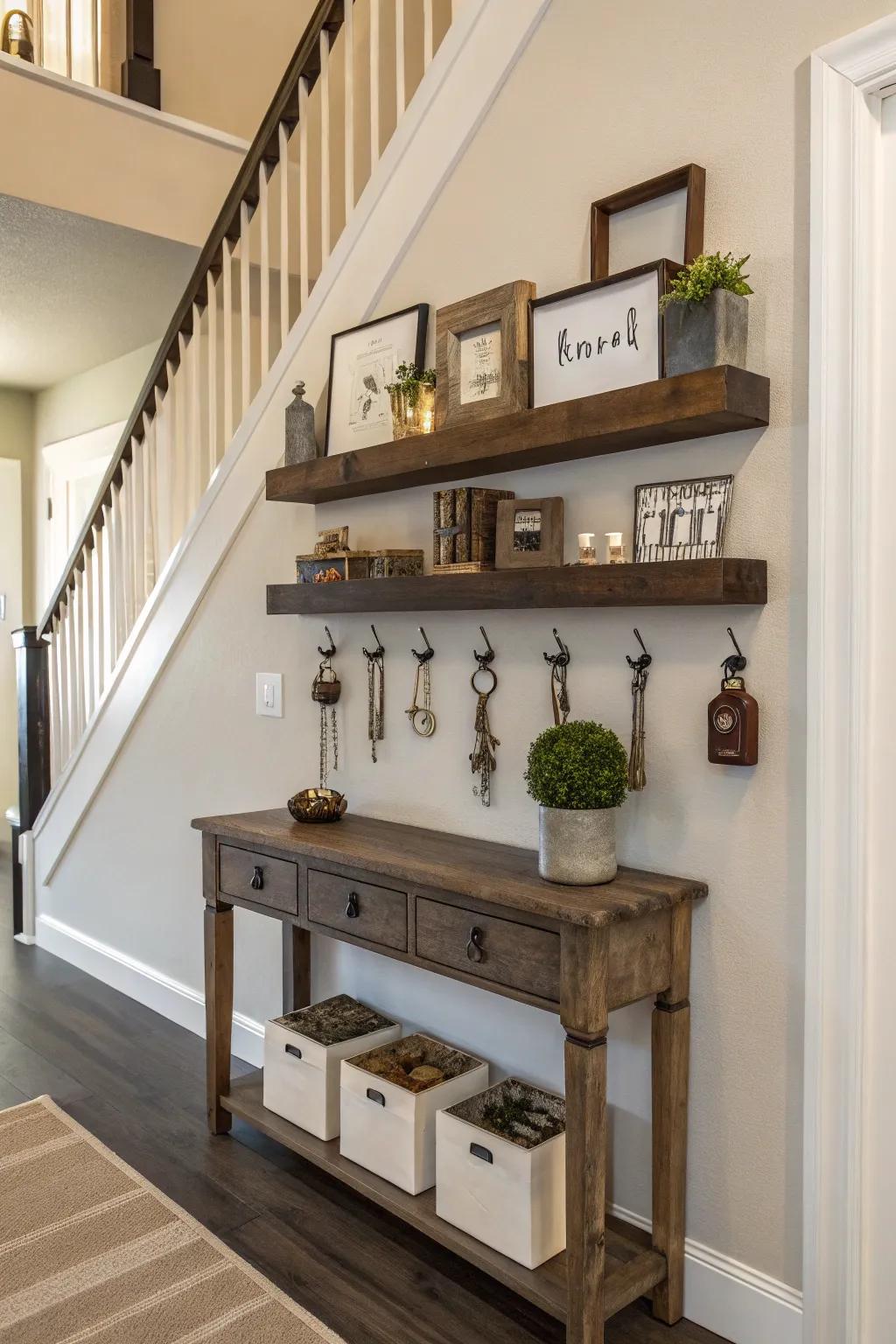 An organized entryway featuring floating shelves for daily essentials.