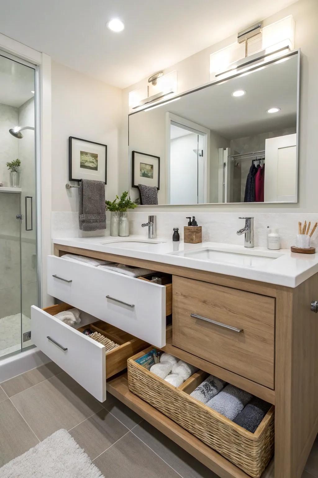 A bathroom featuring a mounted vanity with built-in holding drawers for a neat appearance.