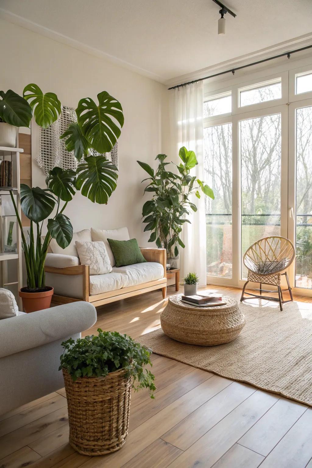 Cane floors offer a chic and sustainable choice.