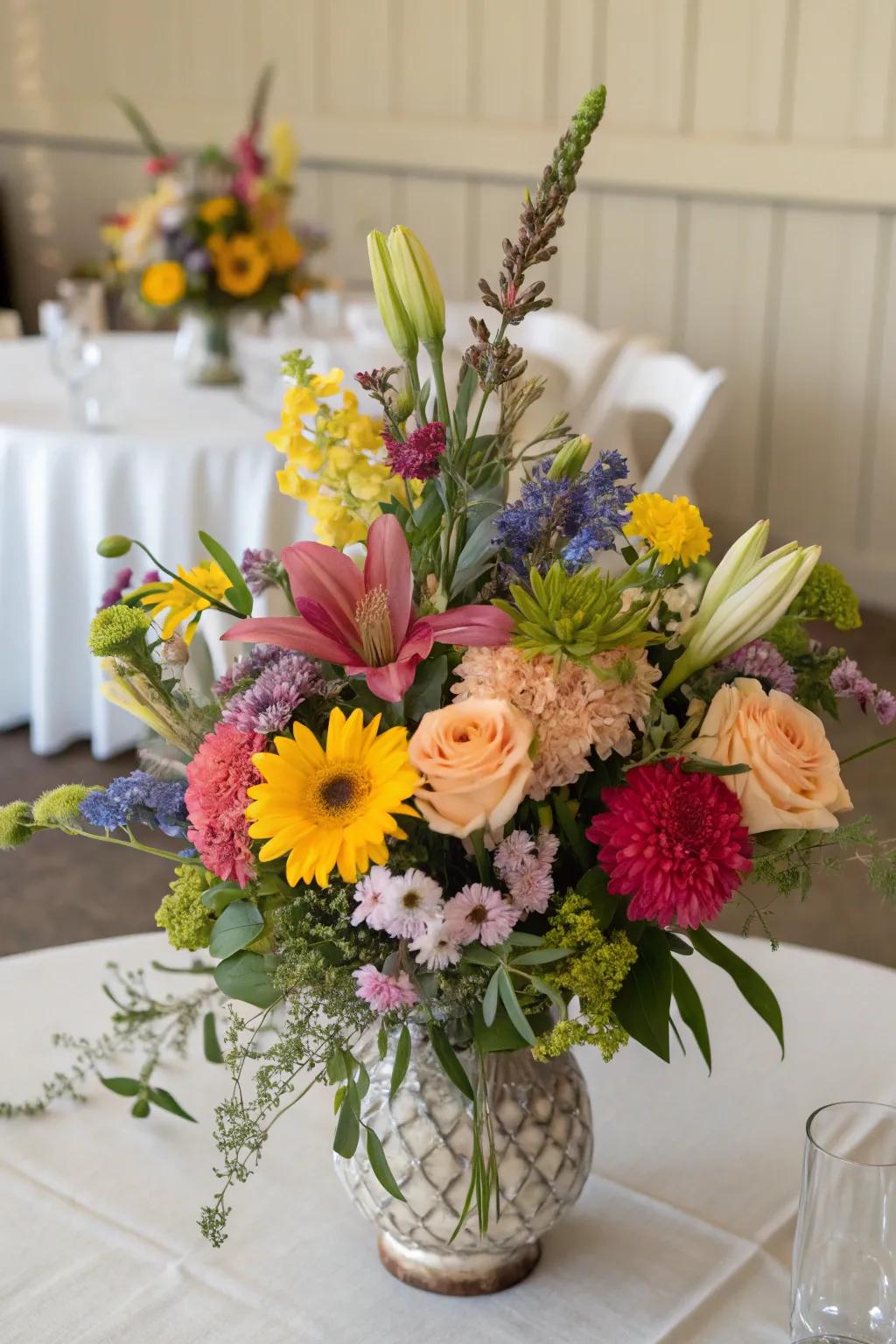 A varied floral centerpiece featuring mixed flower types on a table.