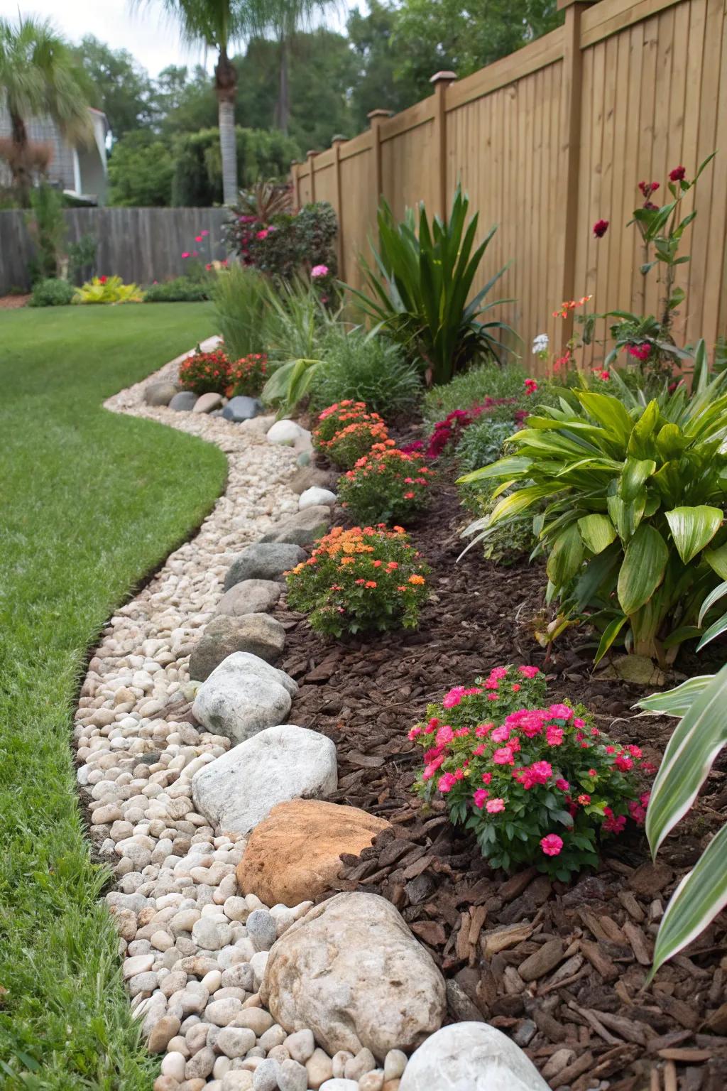 Mulch and boulders improve texture and assist with moisture retention.
