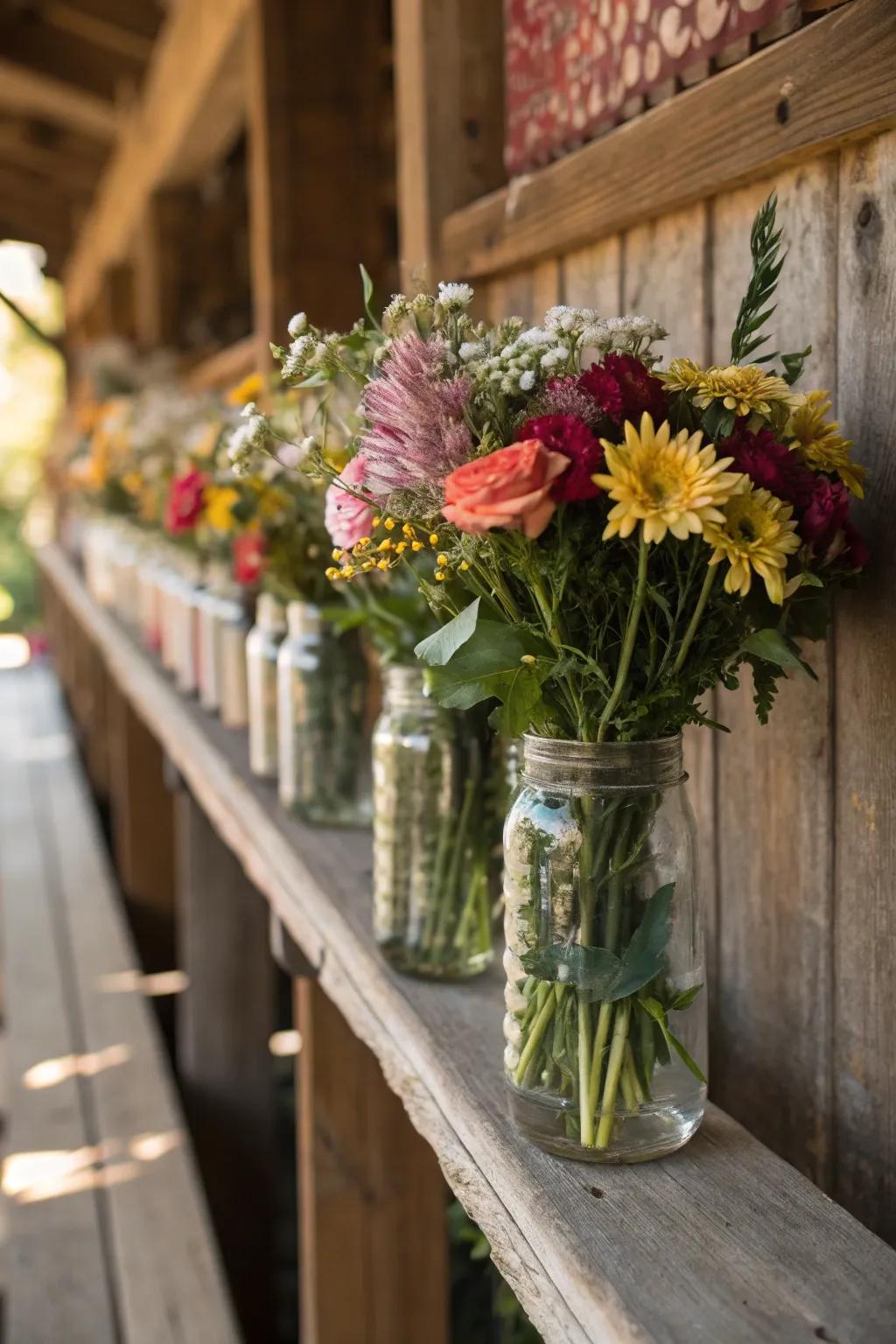 Sweet glassware arrangements using assorted blossoms.