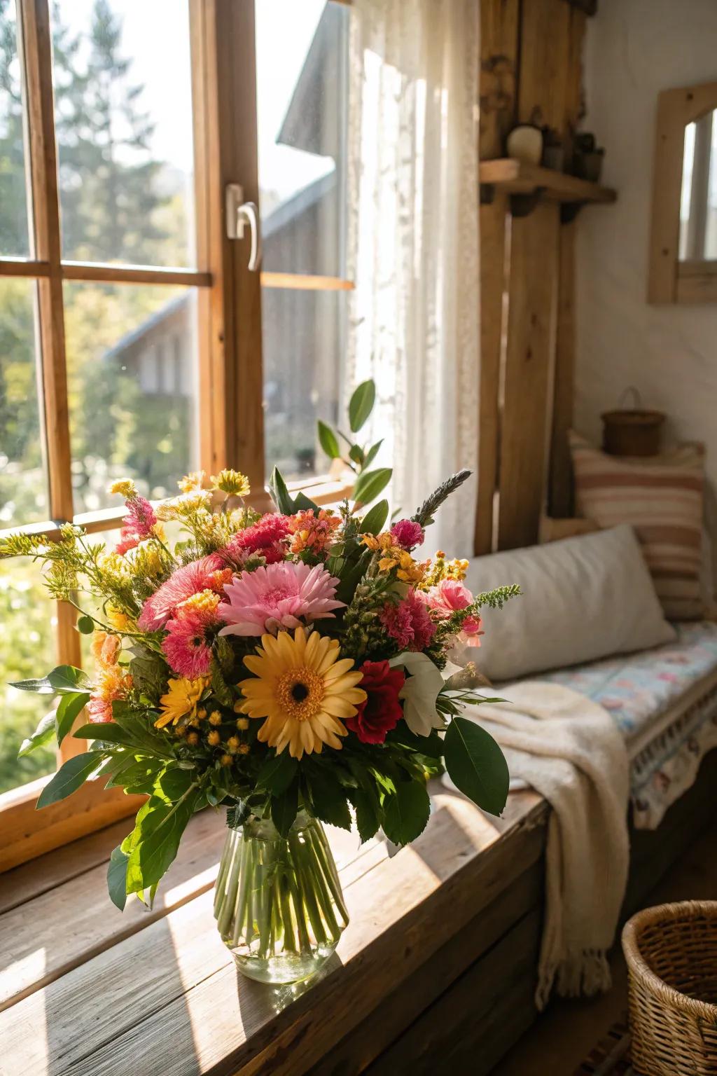 A sunlit aperture intensifies the allure of vibrant blossoms.