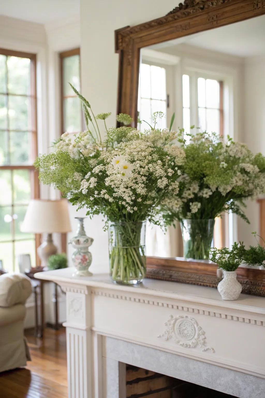 A collection of pale wildflowers setting a natural tone on a mantelpiece.