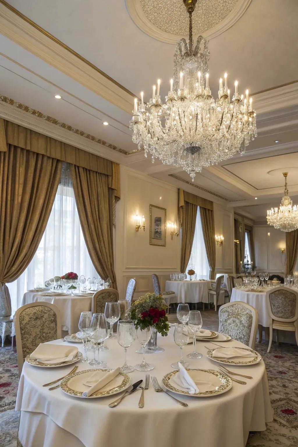 A spectacular lighting fixture matches the classy drapes in this dining room.