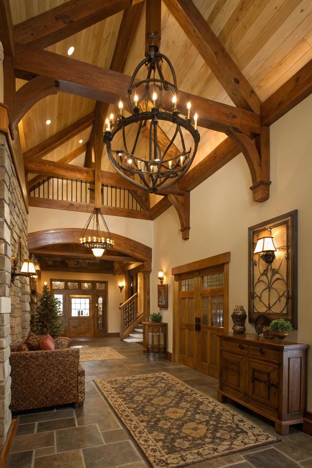 A timber chandelier imparts earthy warmth to this craftsman foyer.