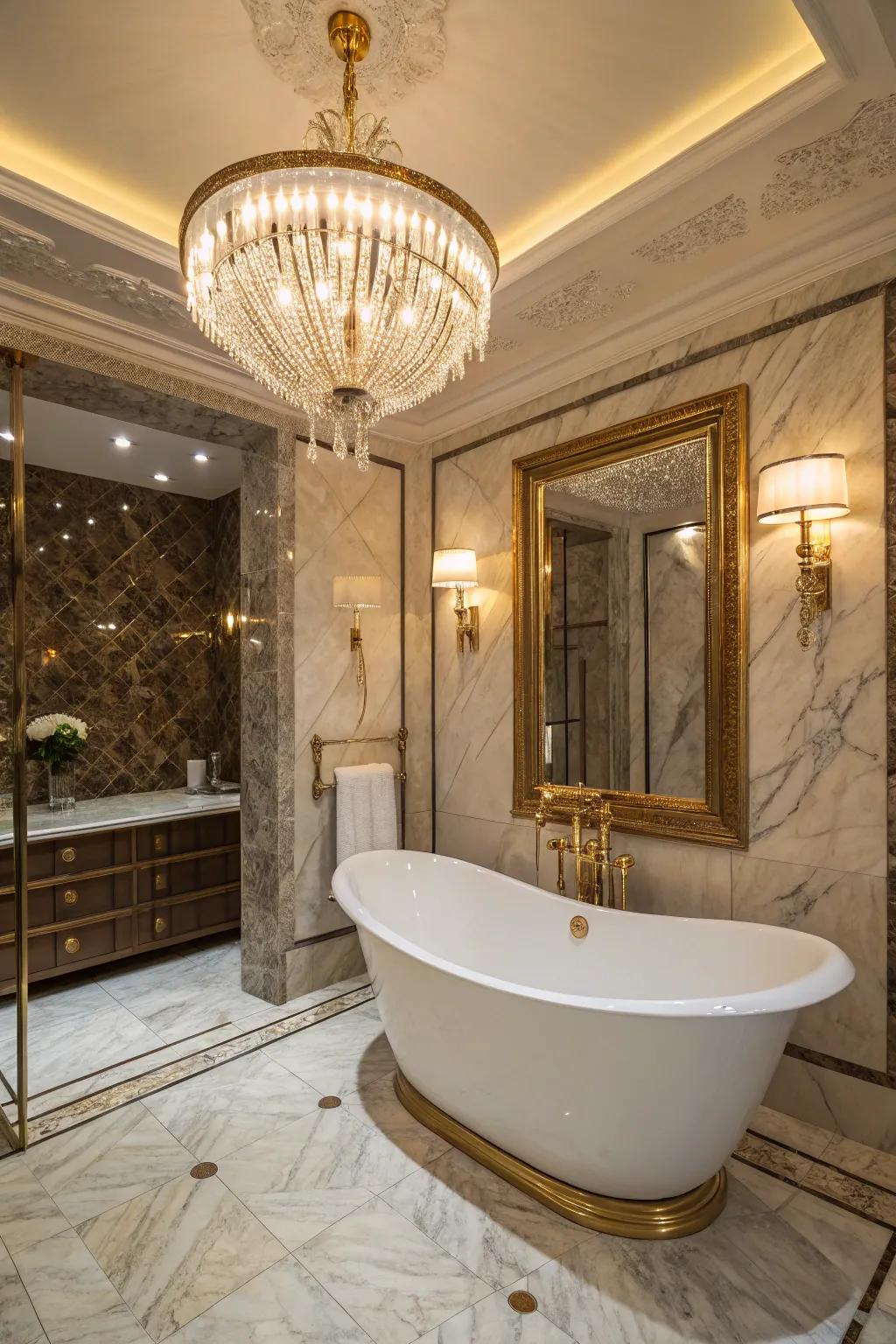A luxurious bathroom enhanced with elegant accents and parts.