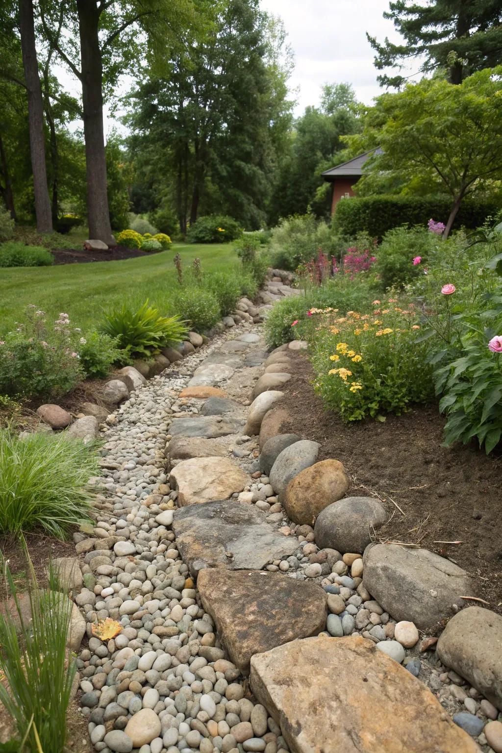 A dry creek bed with a French drain, artfully designed with stones and pebbles.