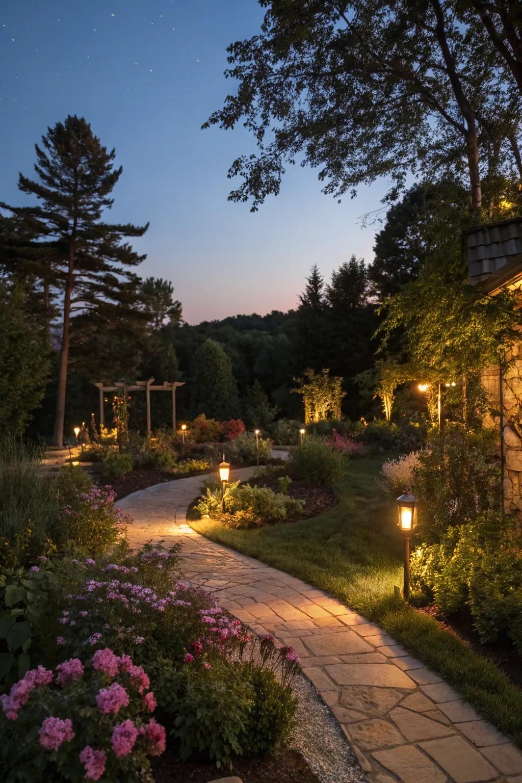 Garden illuminated by strategic accent lighting.