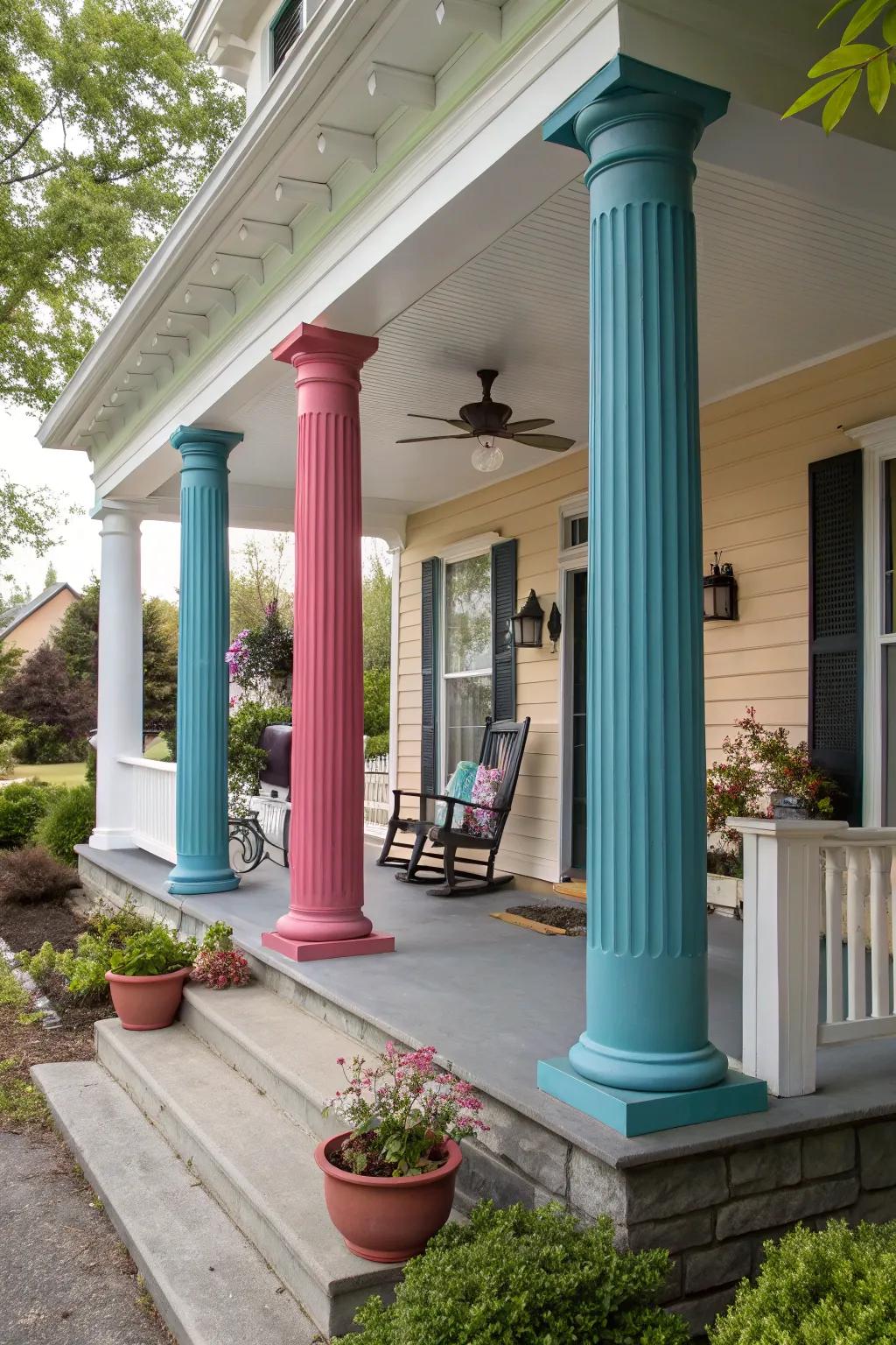 Striking contrasting shades on columns create a bold statement for your porch.