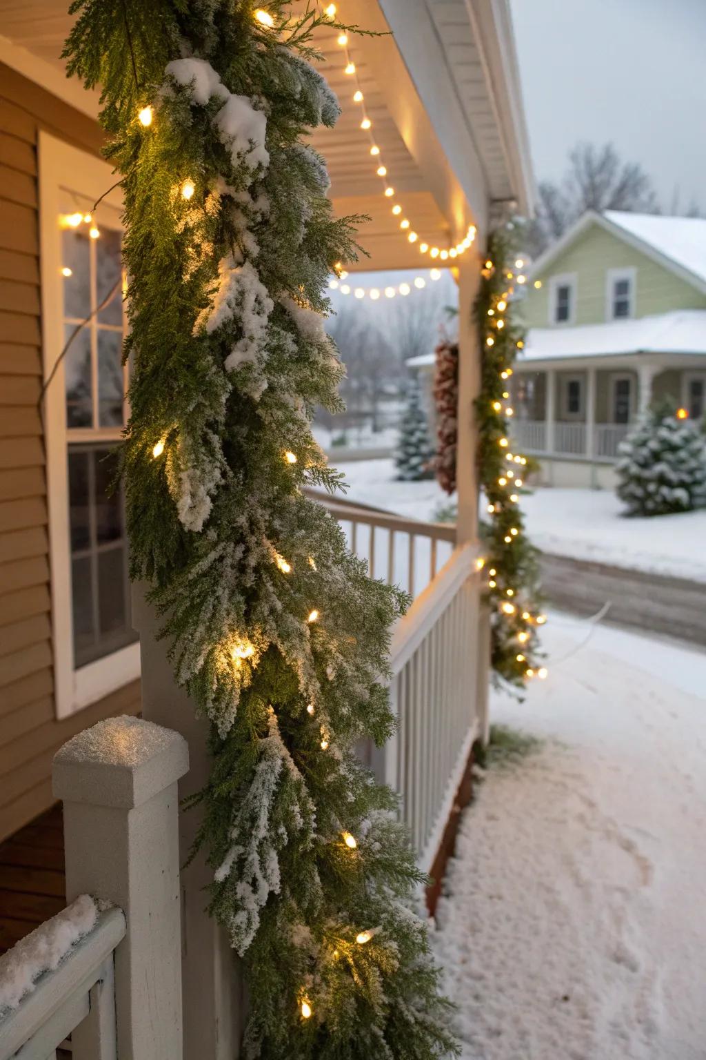 Snowy garlands transport the enchantment of winter to your doorstep.