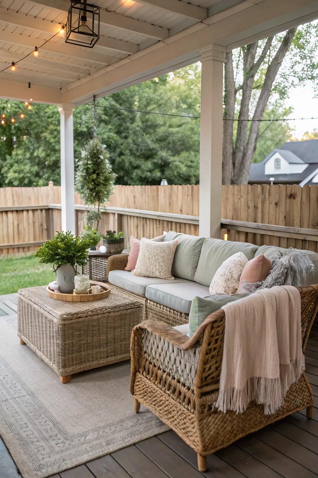 Develop a laid-back vibe with a wicker coffee table.
