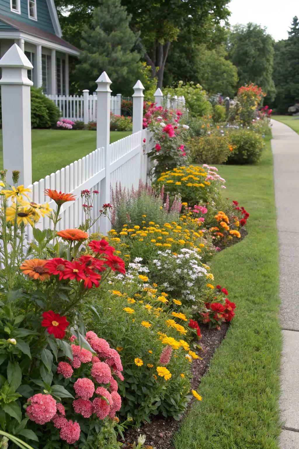 A lively display of seasonal blooms in a corner garden.
