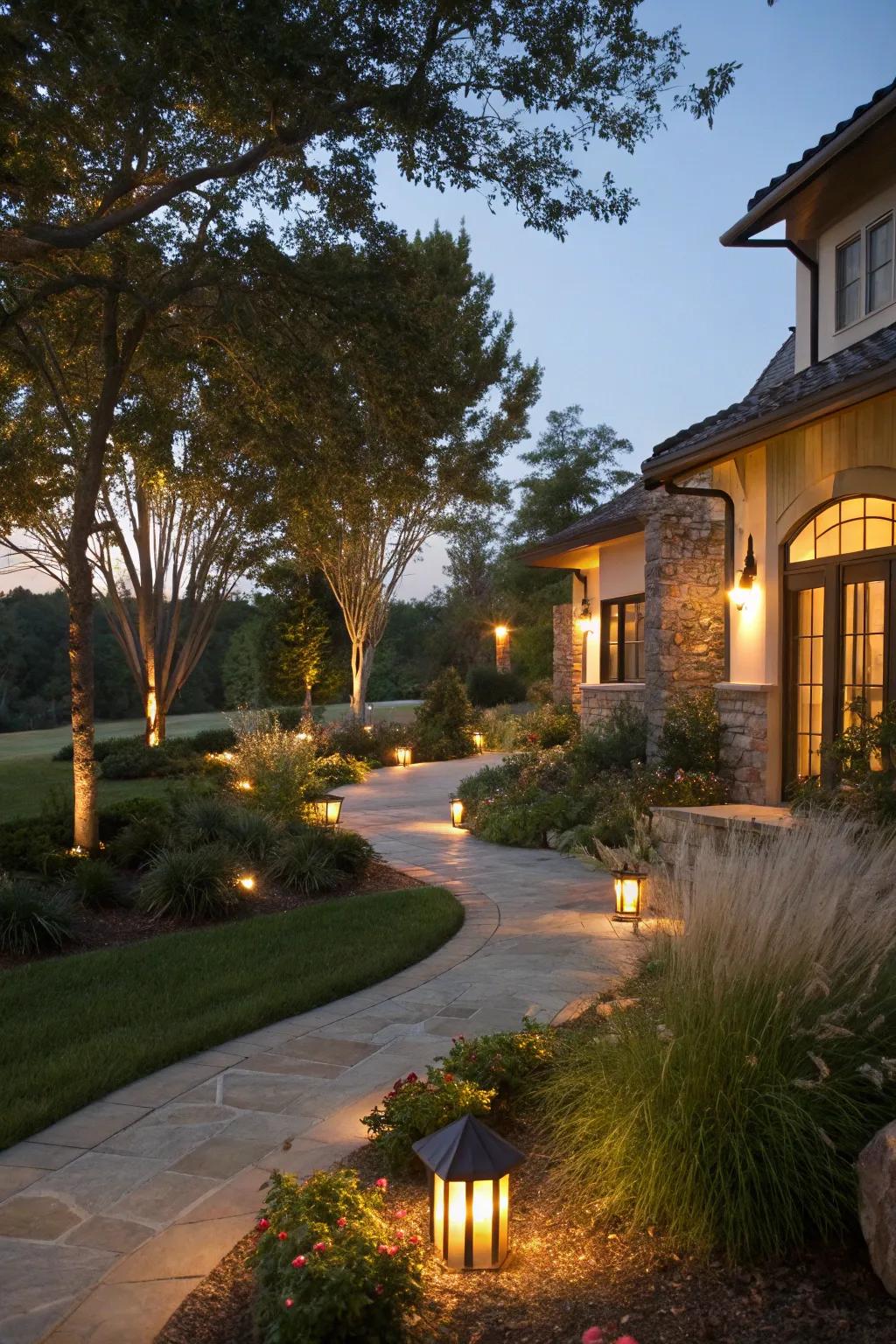 Outdoor lighting enhances the courtyard's evening ambiance.