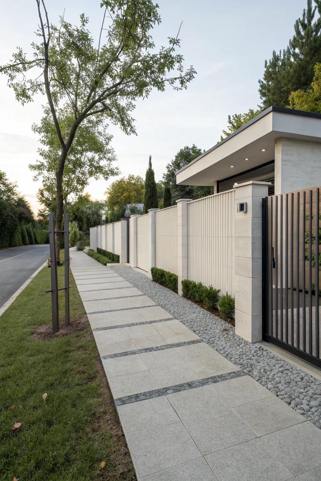 A minimalist fence featuring neutral hues imparts a refined, modern aesthetic to the driveway.