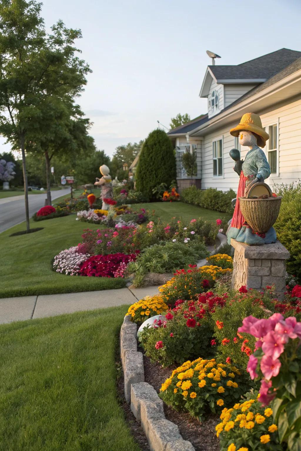 Decorative touches enrich the flower beds with charm and visual interest.