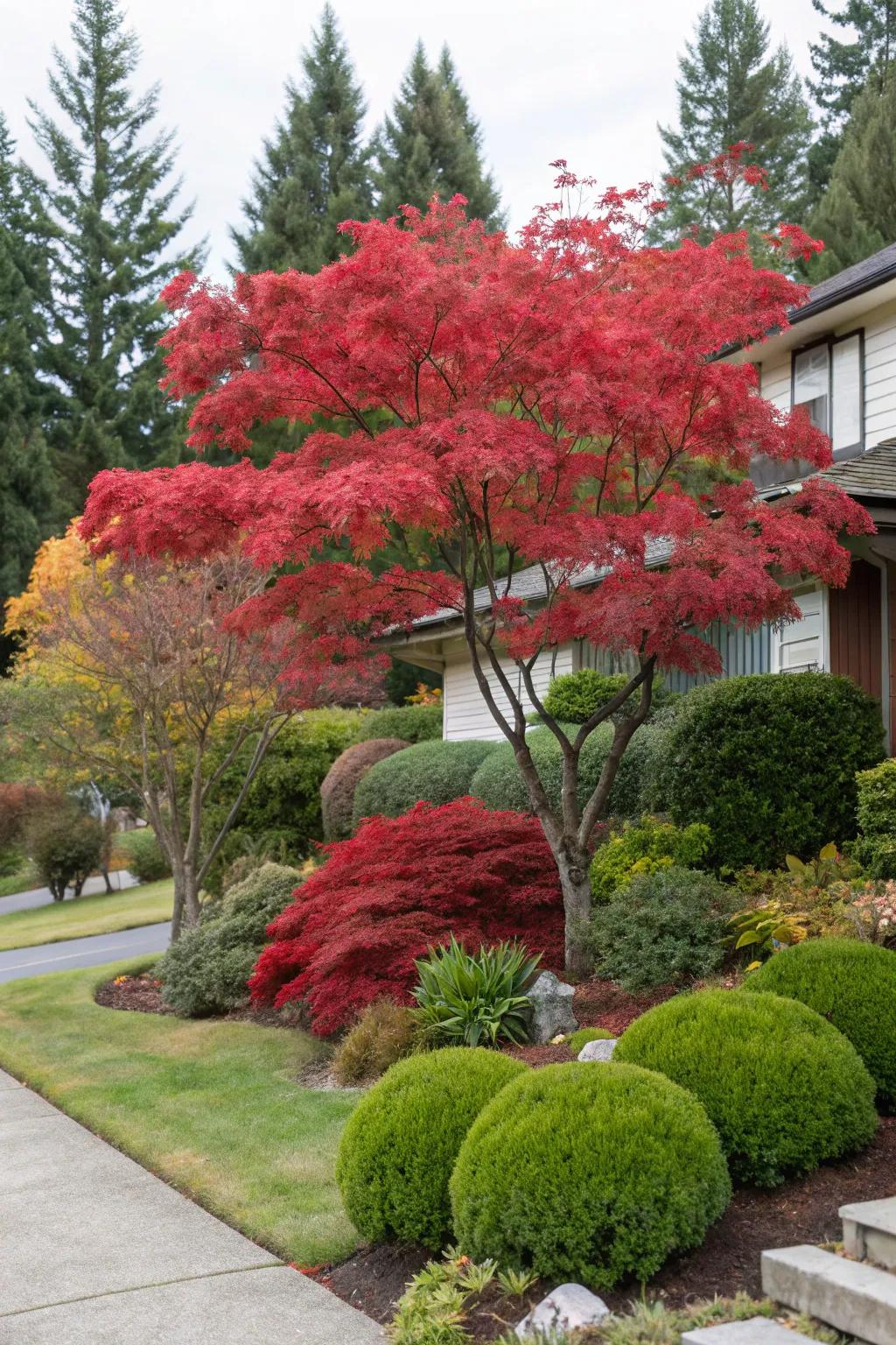 The shifting hues of the Japanese maple are beautifully contrasted by evergreen bushes.