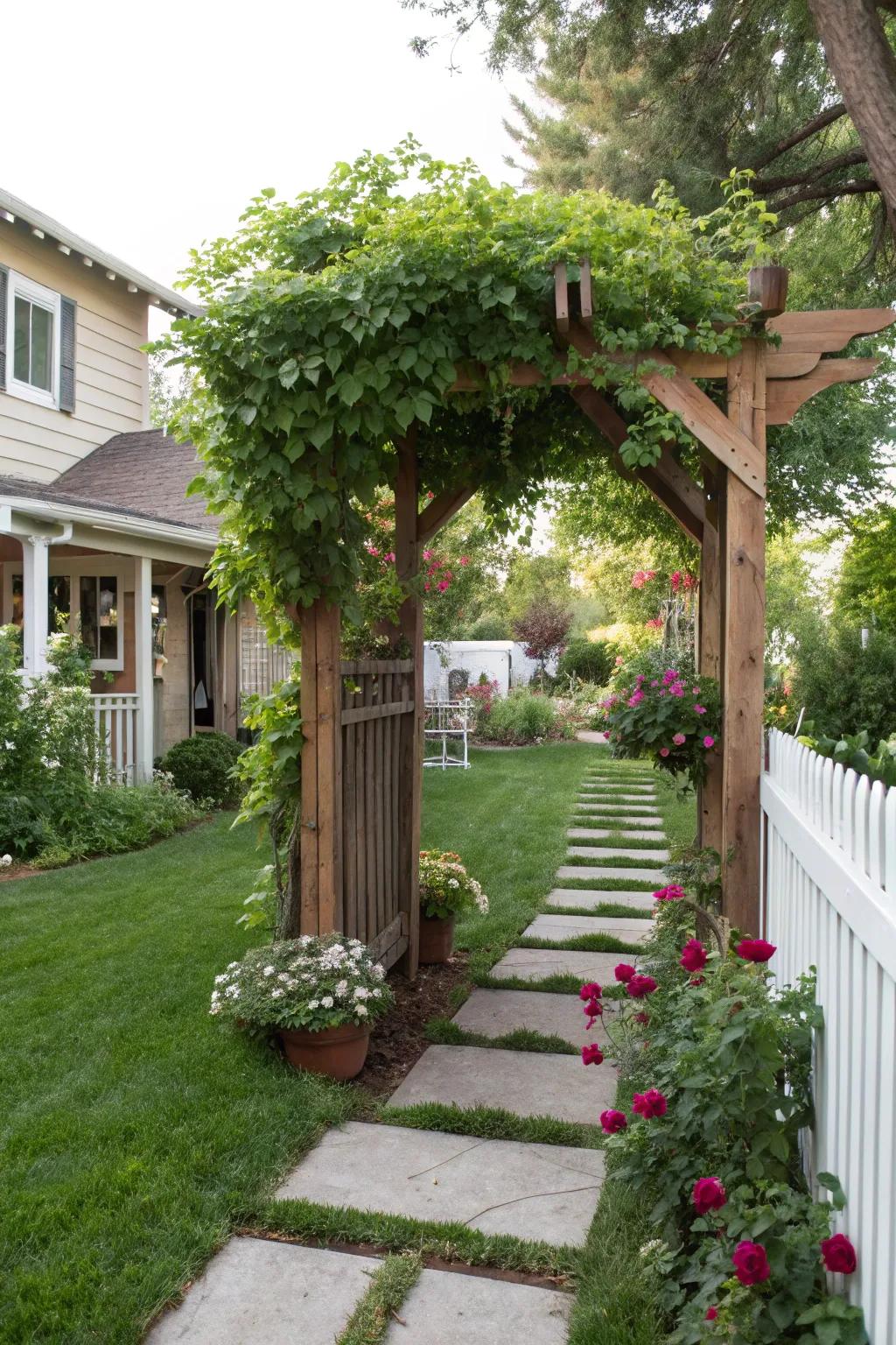 An attractive arbor draws visitors into this scenic garden.