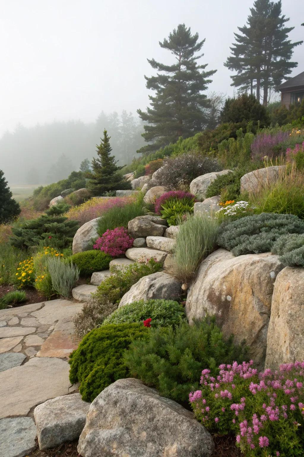 Varied plant heights enhance the landscape that surrounds the boulders.